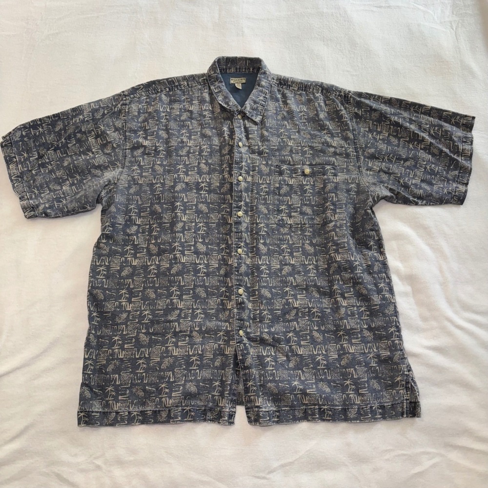 Bugle Boy Mens XXL Blue Tropical Palms AOP Ramie Cotton Button up Shirt Resort
